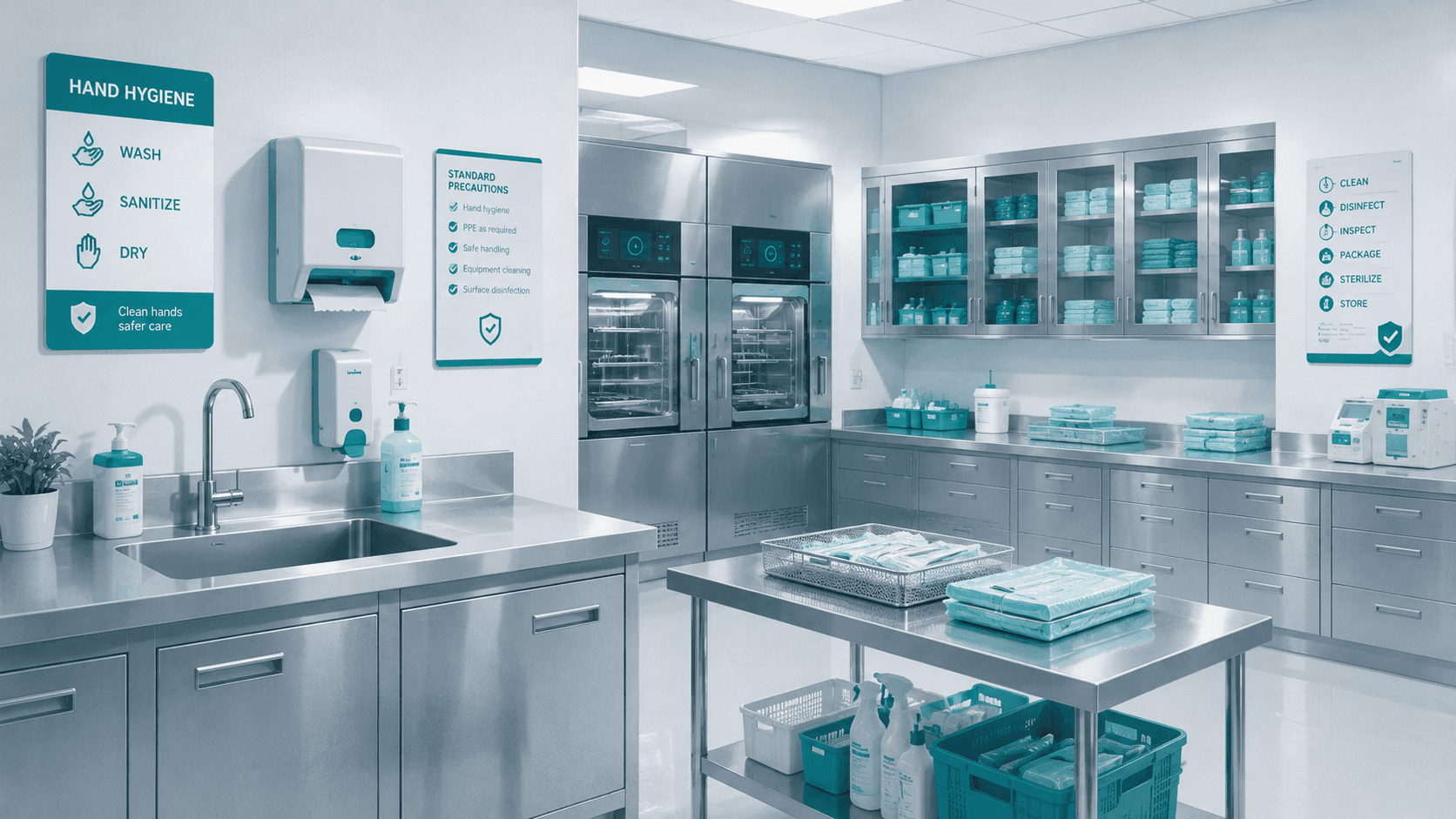 A spotless clinical sterilization area and hand-hygiene station