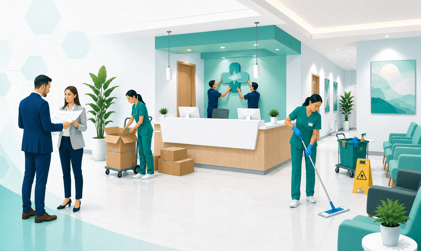 A bright, modern medical clinic interior being prepared to open