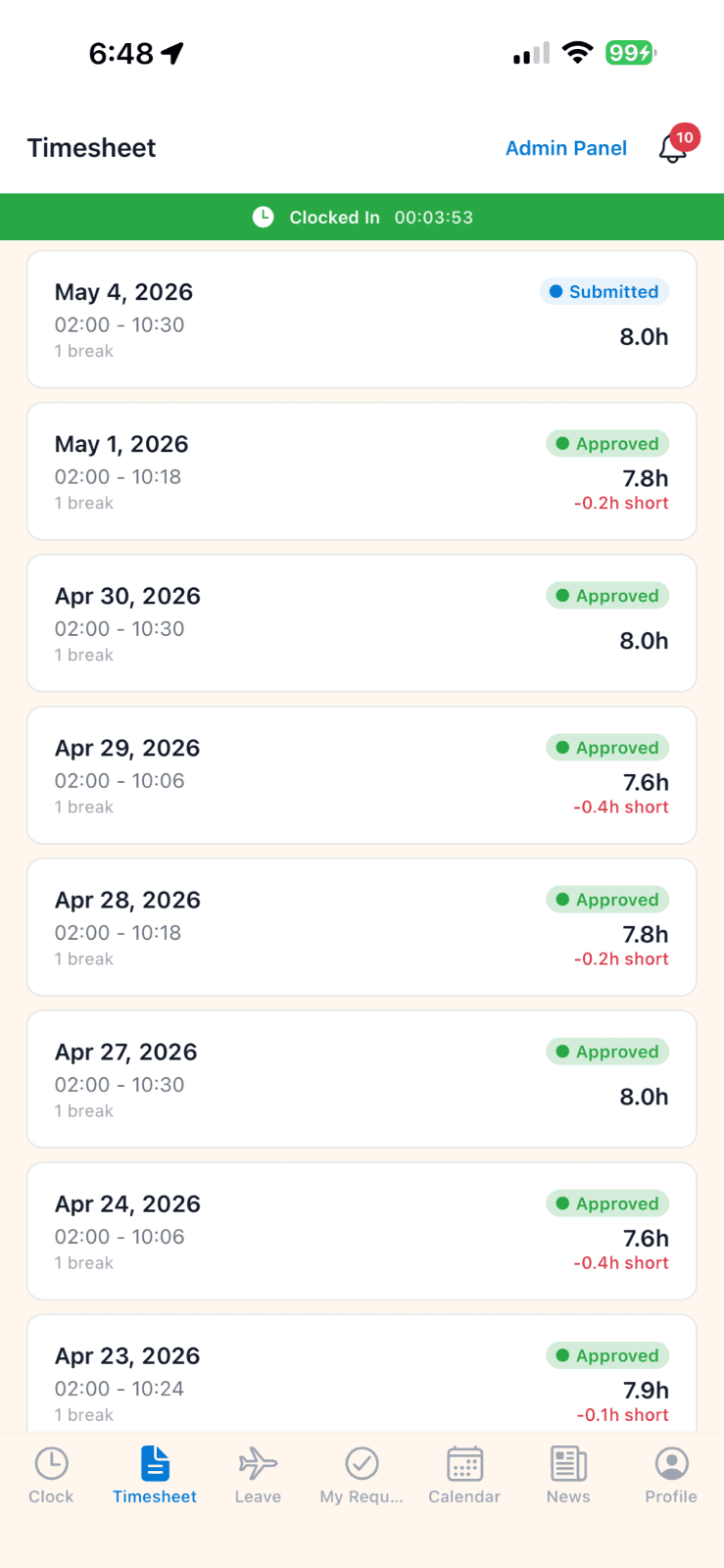 Zosimos Timesheet app screen 4